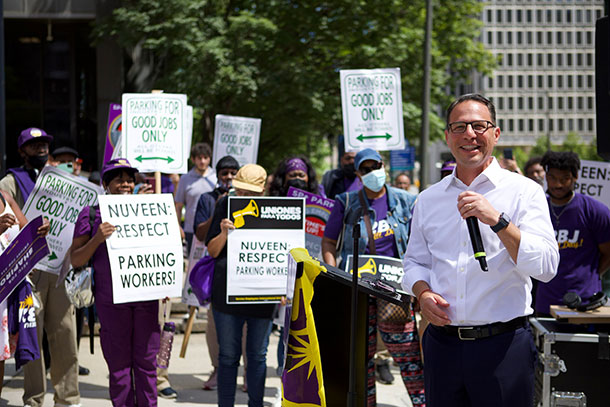 Attorney Josh Shapiro speaks during a rally with members of SEIU 32BJ