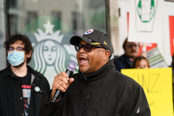 Pittsburgh Mayor Ed Gainey speaks at a union rally.