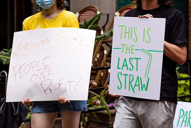 Supporters of two ex-employees of a Pittsburgh Starbucks who were fired for starting a union protest outside the store.