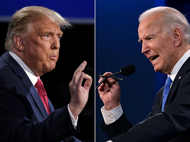Former President Donald Trump (L) and then-presidential candidate Joe Biden (R) appear during the final debate in October 2020.