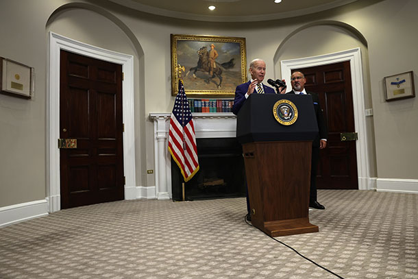 Biden speaks about student loan debt in the Roosevelt Room of the White House in late August.