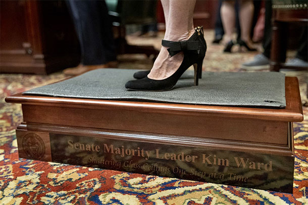 Sen. Kim Ward stands on her footstool given to her by fellow members.