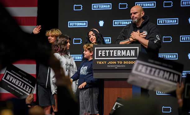 John Fetterman speaks to supporters with his family during an election night party on Nov. 9 in Pittsburgh.