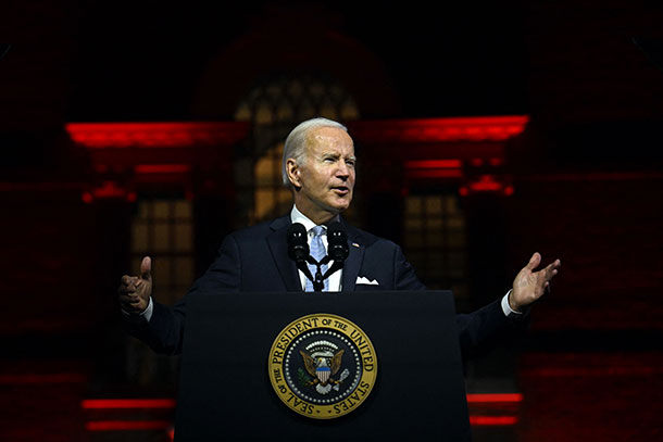 President Joe Biden speaks outside Independence Hall in Philadelphia on Sept. 1.