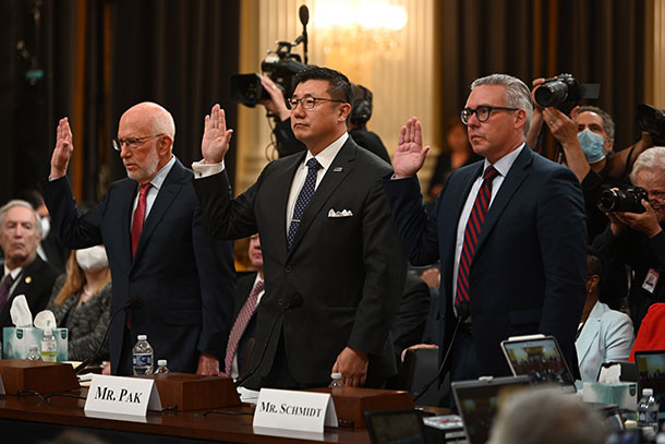 Al Schmidt, right, the only Republican on Philadelphia’s 2020 elections board, is sworn in during a hearing by the Select Committee to Investigate the January 6th Attack on the US Capitol, on June 13, 2022 in Washington, DC.