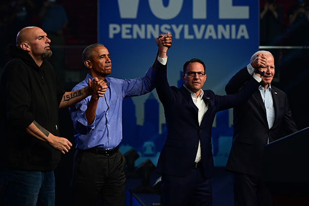  Shapiro is joined by then-Lt. Gov. John Fetterman, former President Barack Obama and President Joe Biden at a rally in Philadelphia.