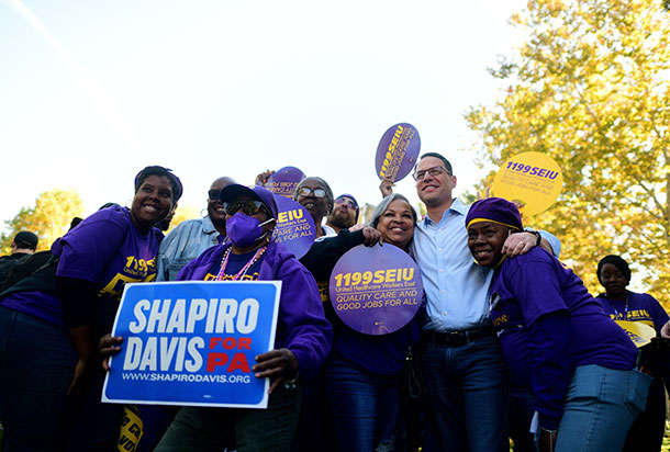 Then-Democratic candidate for governor Shapiro stops for a photo op with supporters in Philadelphia in mid-October.