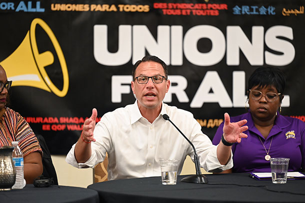 SEIU members and Shapiro meet for a roundtable discussion in August 2022.