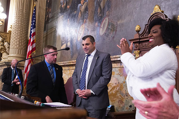 (LtoR): State Rep. Bryan Cutler, House Speaker Mark Rozzi and state Rep. Joanna McClinton