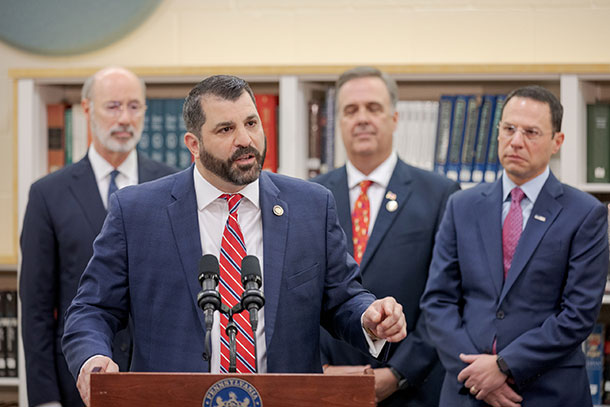  State Rep. Mark Rozzi speaks before signing a bill package inside Muhlenberg High School in 2019.
