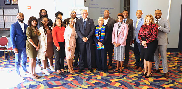 The Pennsylvania Black Mayors Alliance (PBMA) was launched in September 2022. From left to right: Deputy Mayor of Chester, Councilman William Morgan, Mayor of Gettysburg, Rita Freeling, Mayor of Wilkinsburg, Dontae Comans, Mayor of Beaver Falls, Dr. Kenya Johns, Rep. Donna Bullock, Mayor of Braddock, Delia Lennon-Winstead, Mayor of Aliquippa, Dwan Walker, Mayor of Meadville, Jamie Kinder, Auditor General Timothy DeFoor, Mayor of Harrisburg, Wanda Williams, Mayor of Pittsburgh, Ed Gainey, Mayor of Steelton, Ciera Dent, Mayor of Yeadon, Rev. Rohan Hepkins, Mayor of Williamsport, Derek Slaughter, Marcia Perry Dix, David Dix