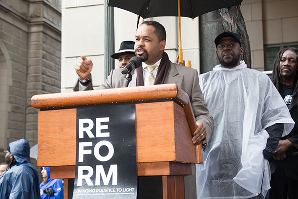 Street attends a rally protesting the imprisonment of rapper Meek Mill outside the Philadelphia Criminal Justice Center in April 2018.