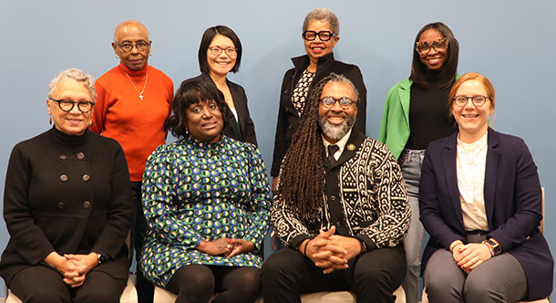 Philadelphia School Board members (back row L-R): Julia Danzy, Chau Wing Lam, Joyce Wilkerson and Sarah Ashley Andrews; (front row L-R): Leticia Egea-Hinton, Lisa Salley, Board President Reginald L. Streater and Board Vice President Mallory Fix-Lopez