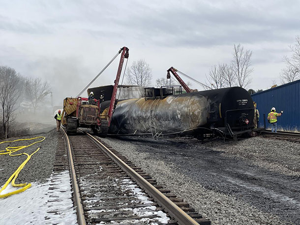 The site of the Norfolk Southern train derailment in East Palestine Ohio.