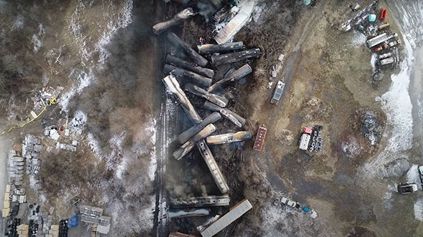 An aerial view of the East Palestine train derailment wreckage.