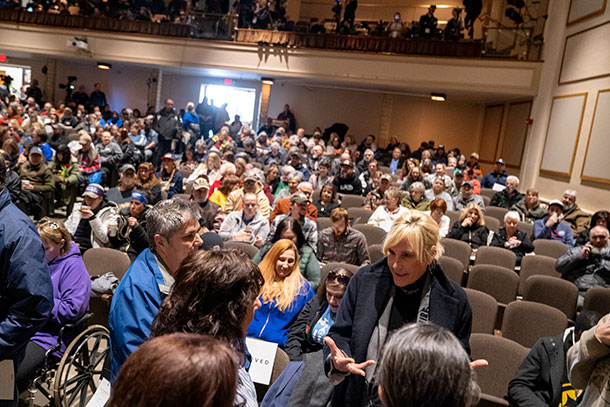 Environmental activist Erin Brockovich speaks to concerned citizens during a town hall on Feb. 24.