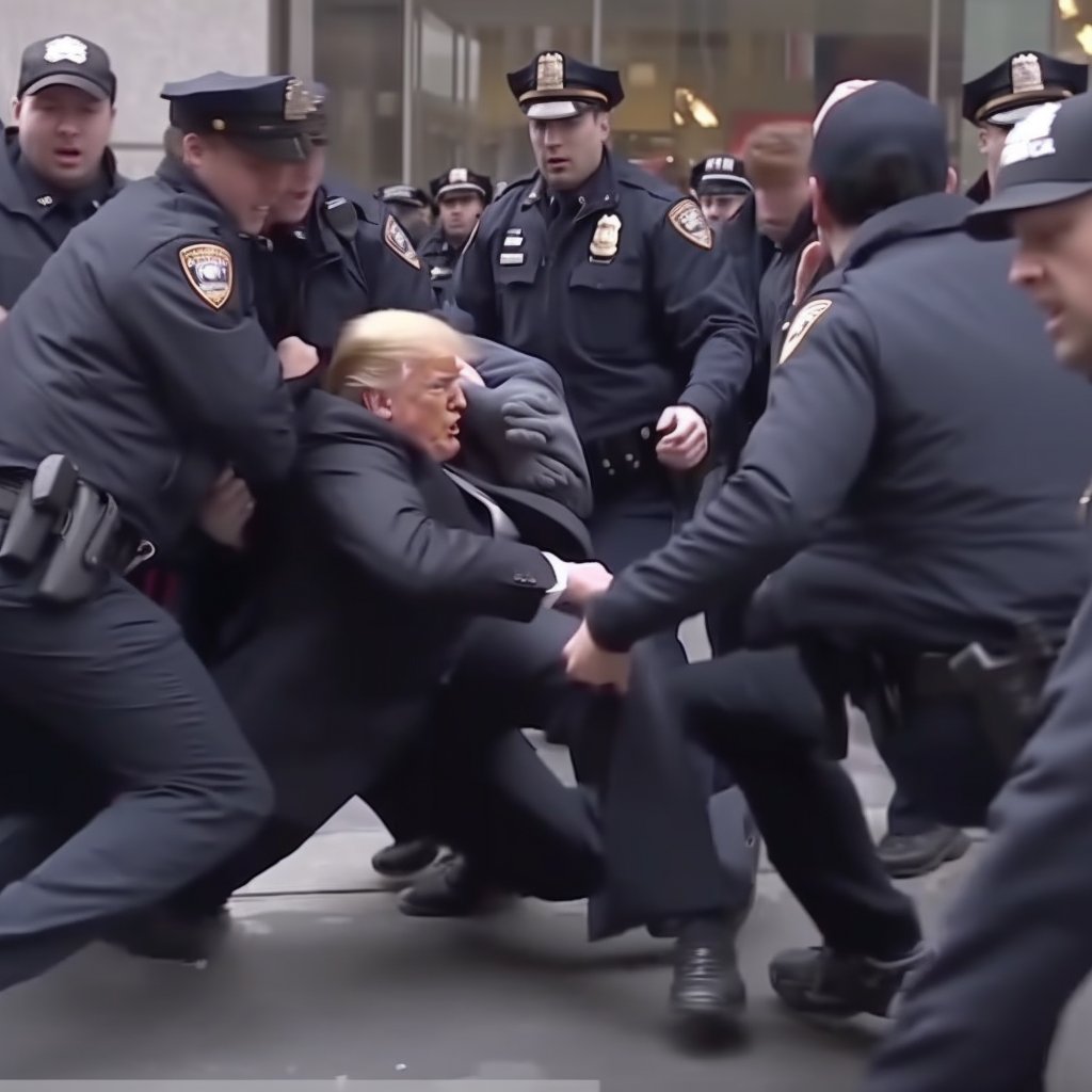 An AI-generated image of Donald Trump getting arrested posted by Bellingcat Founder Eliot Higgins.