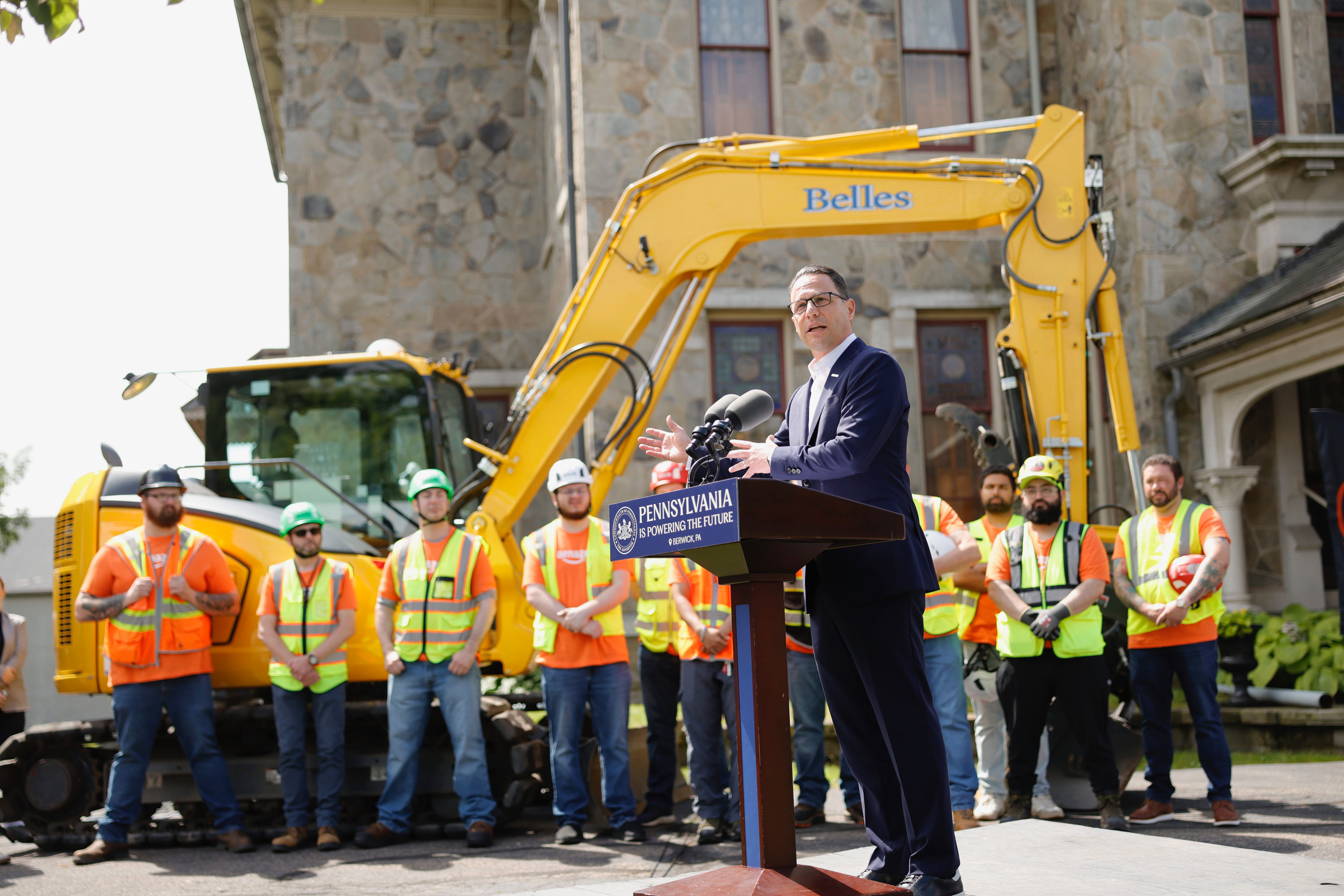 Gov. Josh Shapiro discusses the landmark Amazon deal in Berwick, joined by a construction crew