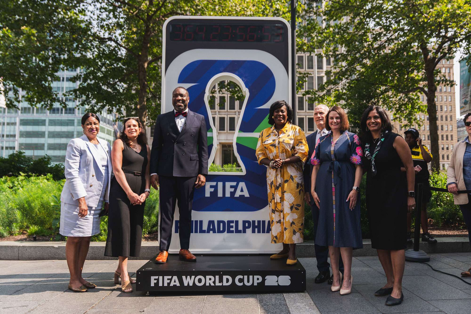 Philadelphia city officials unveil the FIFA 2026 Countdown Clock on June 11, 2025
