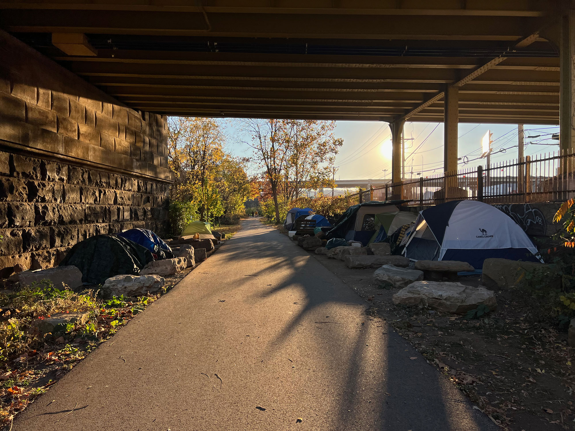 A homeless encampment under a bridge on the Three Rivers Heritage Trail along the Allegheny River.