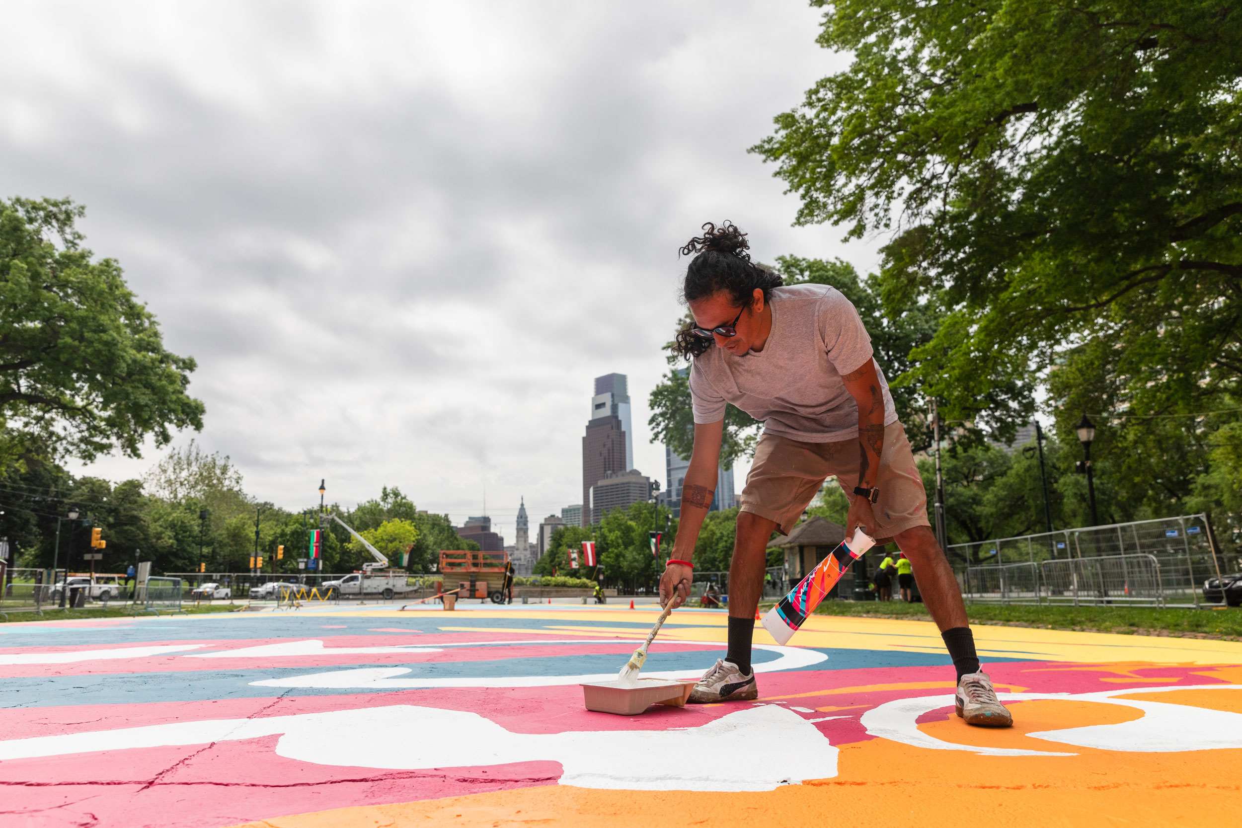 A 2022 Mural Arts mural in the process of being created in Philadelphia.