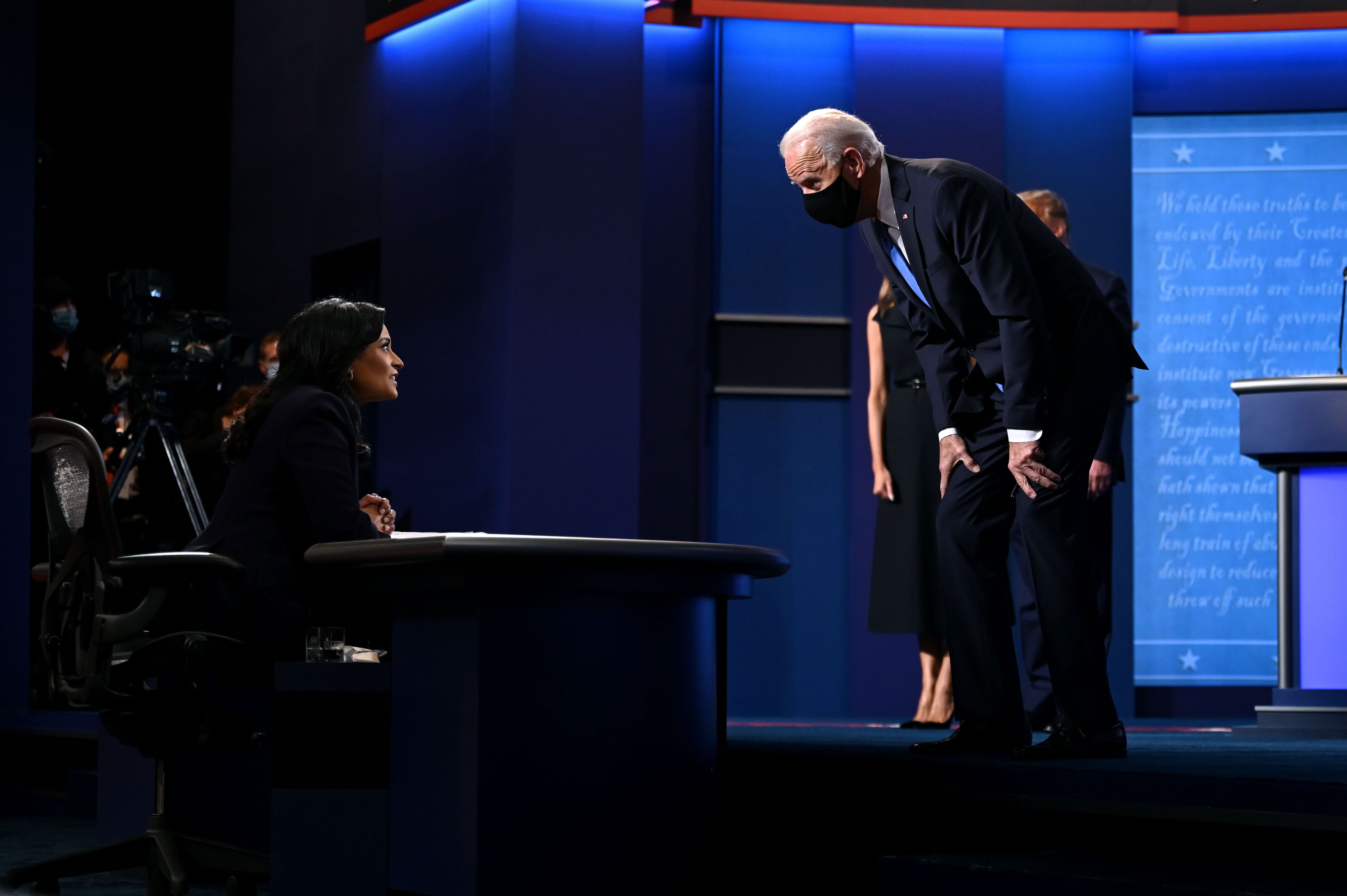 Welker speaks with then-presidential candidate Joe Biden at the 2020 debate she moderated.