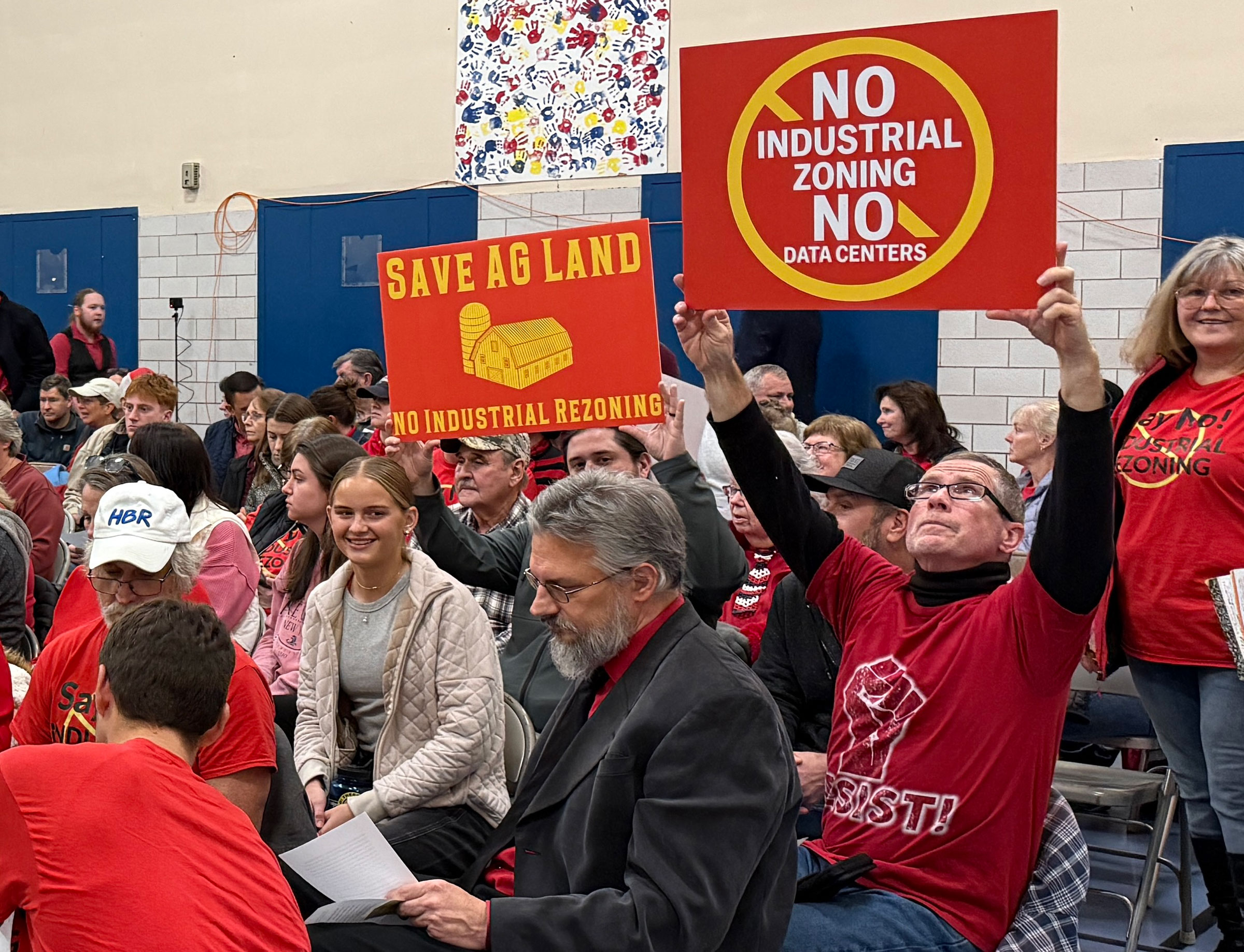 Residents in Montour County gather in November 2025 to oppose the rezoning of agricultural land for data centers.