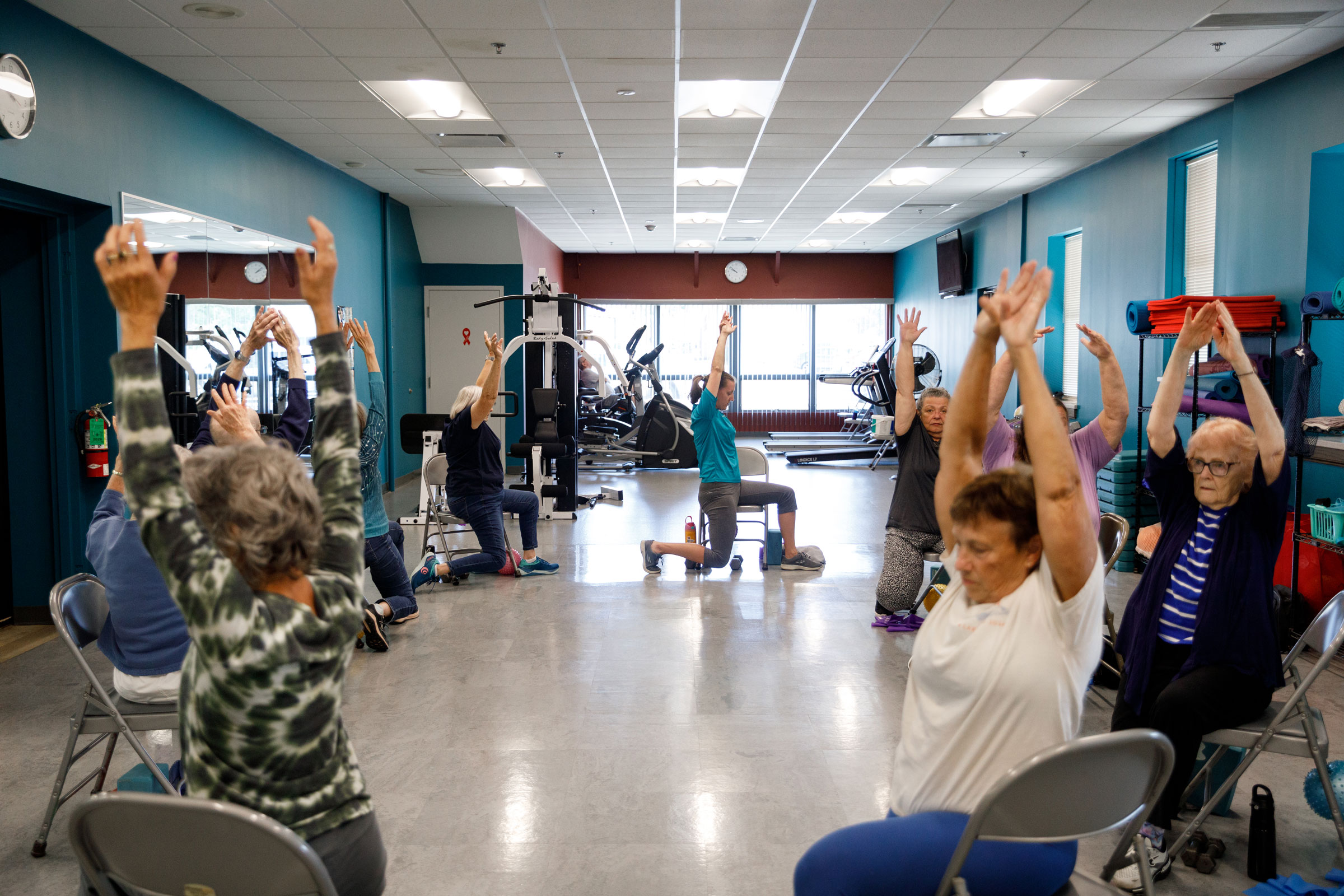 A group of women work out at Active Aging, Inc. on the same day officials from the state Department of Aging visited Crawford County.