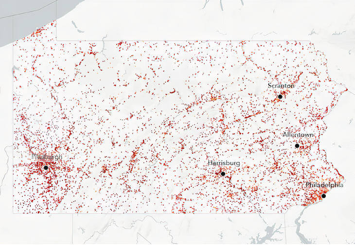 Flood Map: The dots represent the model's expectation of flood risk in a given area, with darker dots representing increasing depth, severity, and likelihood of flood.