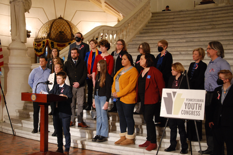 Pennsylvania Youth Congress Executive Director Preston Heldibridle speaks at a press conference