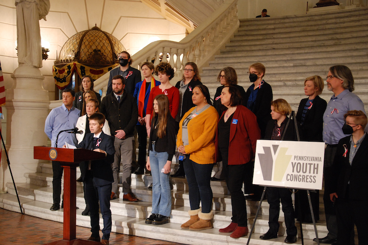 Pennsylvania Youth Congress Executive Director Preston Heldibridle speaks at a press conference Pennsylvania Youth Congress Executive Director Preston Heldibridle speaks at a press conference