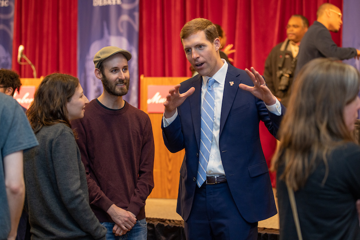 U.S. Rep. Conor Lamb speaks with a few Muhlenberg College students after the debate.