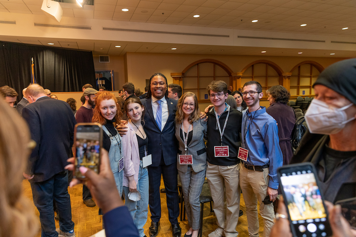State Rep. Malcolm Kenyatta takes a photo with Muhlenberg College students after the debate.