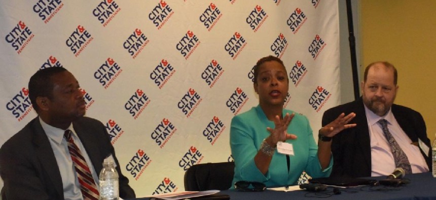 Panelists Arthur Evans, Ph.D., Councilwoman Cindy Bass and Allen Glicksman, Ph.D. Photo: W. Douglas