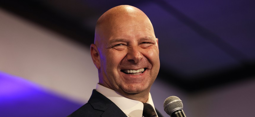 Republican gubernatorial candidate Doug Mastriano gives a victory speech at his election-night party at The Orchards on May 17, 2022 in Chambersburg, Pennsylvania.