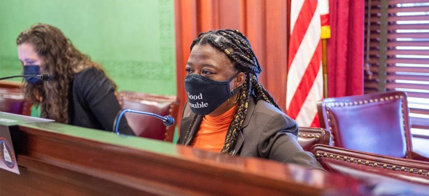 State Representative Regina Young at a hearing about compensating wrongfully convicted exonerees.