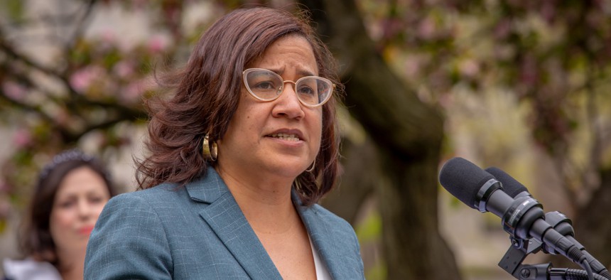 Pennsylvania Legislative Black Caucus Chair Donna Bullock speaks at a Juneteenth press conference last year.