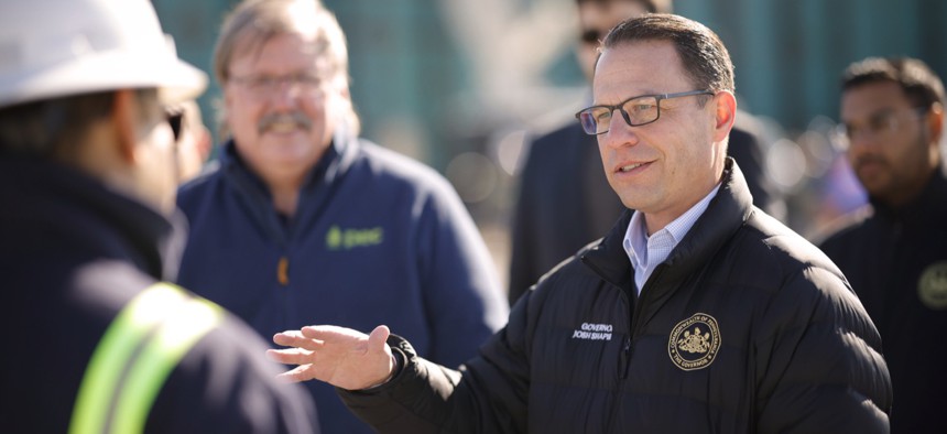 Gov. Josh Shapiro speaks during a visit to Claysville, Washington County.