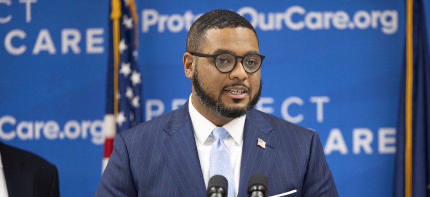 Lt. Gov. Austin Davis speaks at a press conference in October 2023.