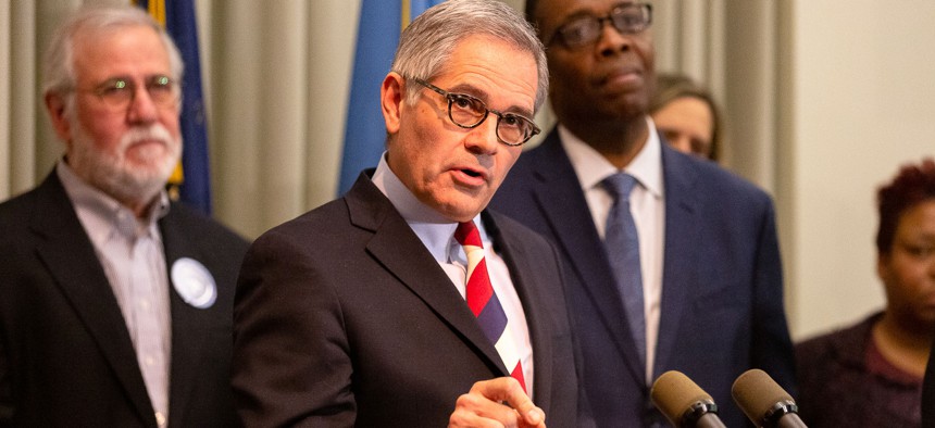 Philly DA Larry Krasner speaks to the press