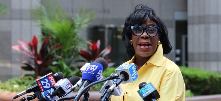 Cherelle Parker is seen during her first press conference after winning the Democratic nomination for mayor in Philadelphia on May 22, 2023 in Philadelphia, Pennsylvania