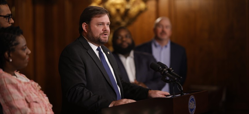Pennsylvania Senate Majority Leader Joe Pittman speaks at a December 2023 press conference in Harrisburg.