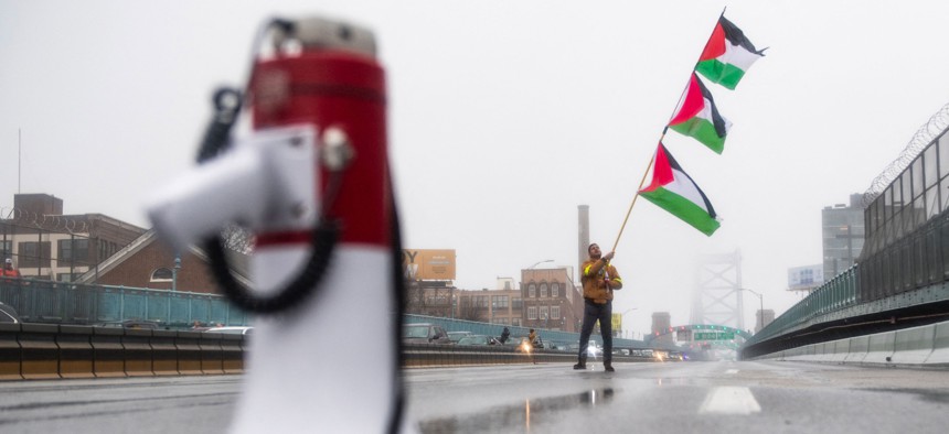 Protesters in Philadelphia temporarily blocked traffic on the Benjamin Franklin Bridge as part of a march calling for a ceasefire in Gaza.