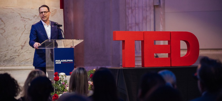Gov. Josh Shapiro speaks at the Franklin Institute Tuesday morning.