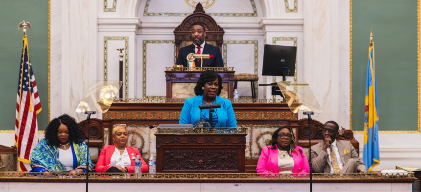 Mayor Cherelle Parker delivers her budget address in City Council chambers on Thursday, March 13, 2025.