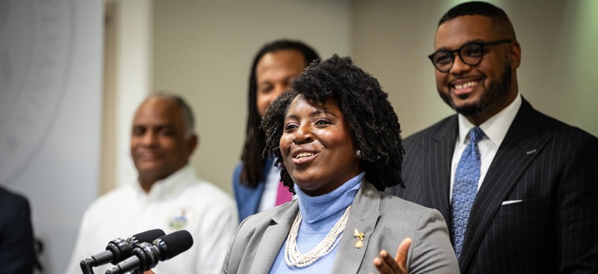 House Speaker Joanna McClinton speaks at a December 2024 press conference in Philadelphia.