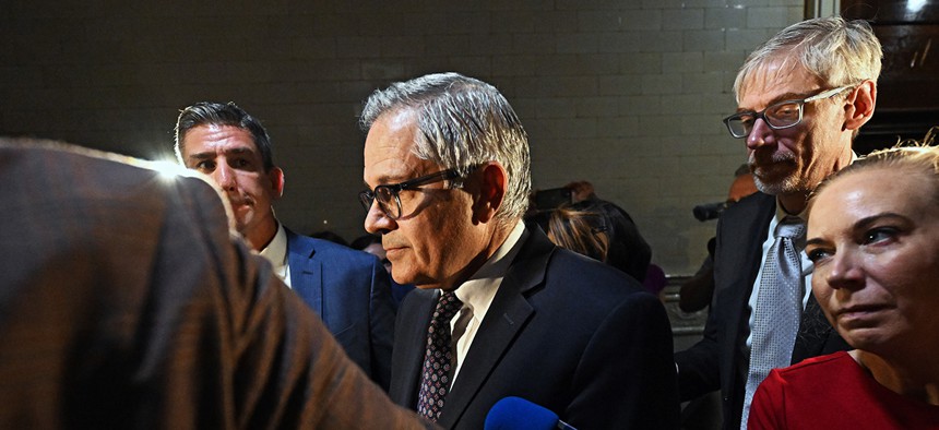 Philadelphia District Attorney Larry Krasner walks from the courtroom at City Hall after a hearing over a lawsuit he filed against Elon Musk on October 31, 2024 in Philadelphia.