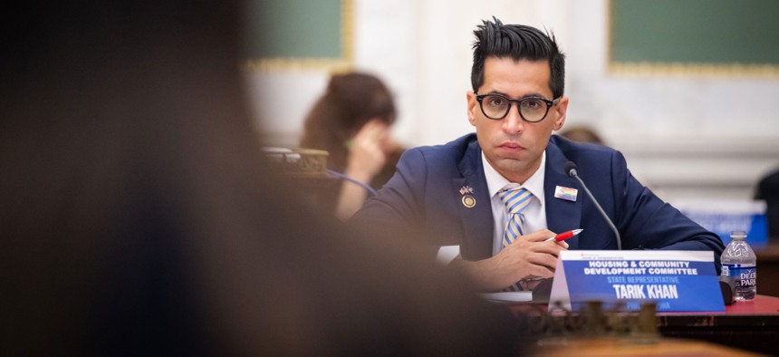 State Rep. Tarik Khan is pictured during a 2023 hearing on the use of private security forces in evictions.