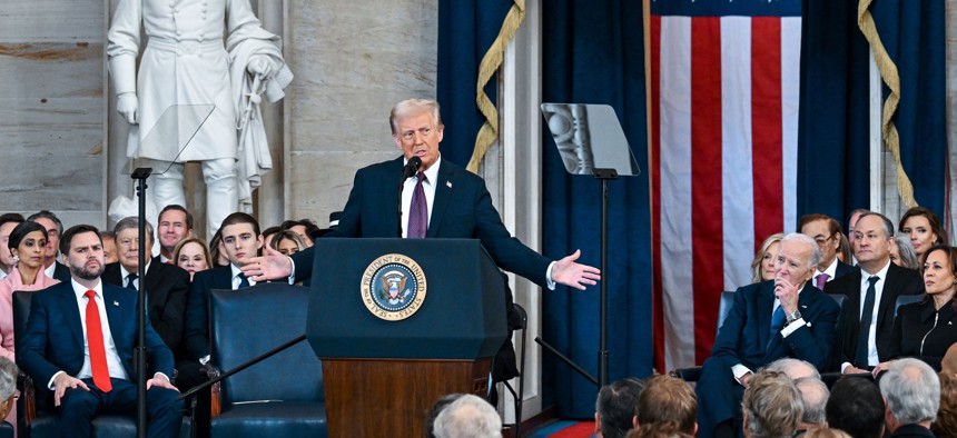 U.S. President Donald Trump speaks after being sworn in during his inauguration in the U.S. Capitol Rotunda on Jan. 20, 2025 in Washington, D.C.
